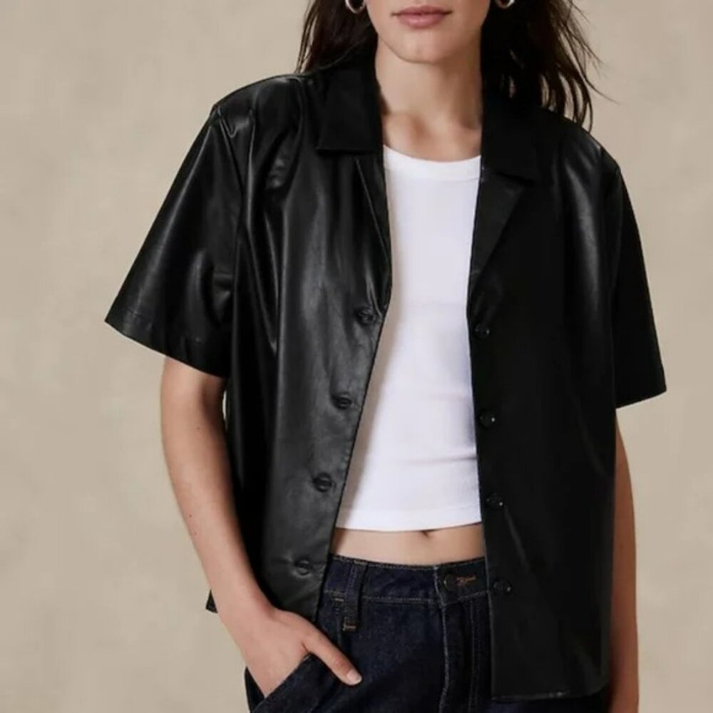 NWT Banana Republic Black Vegan Leather Short Sleeve Button Up Shirt M
